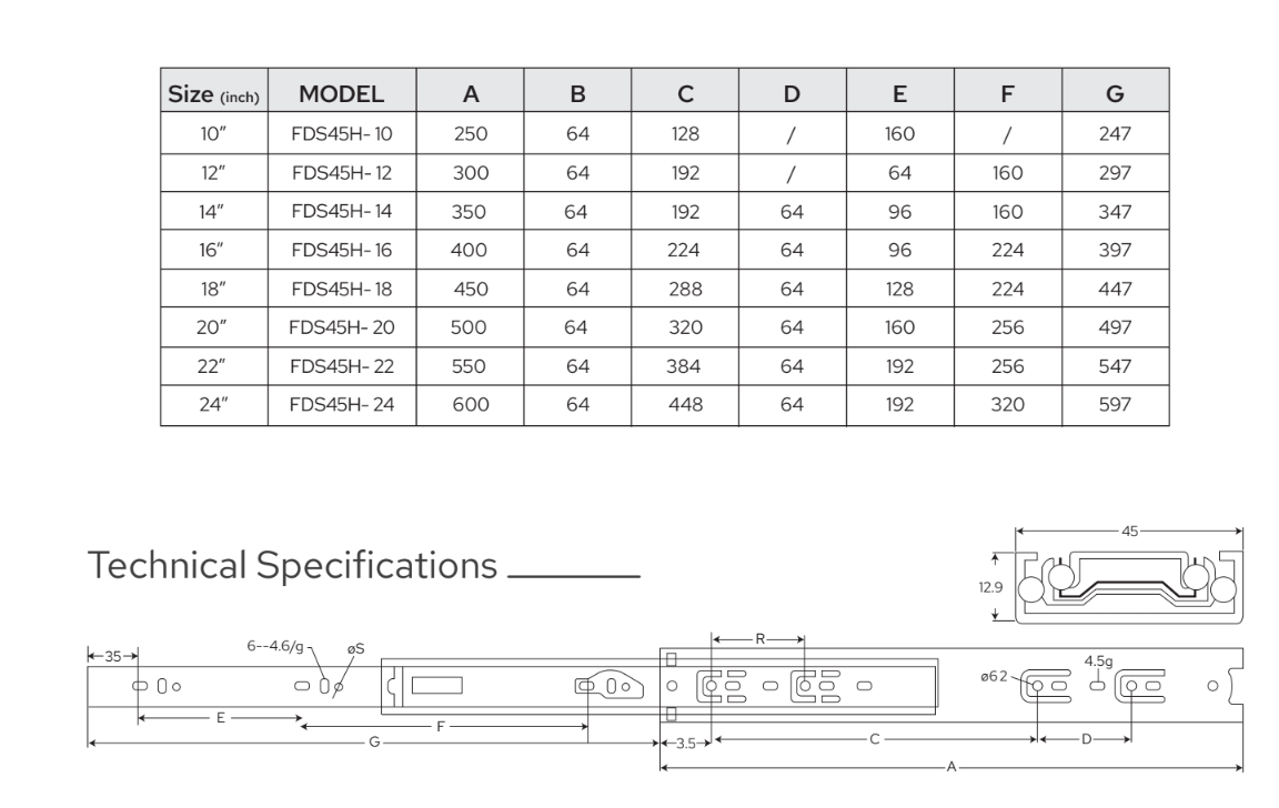 Technical Drawings - Key Feature Endura  Series Drawer Slide