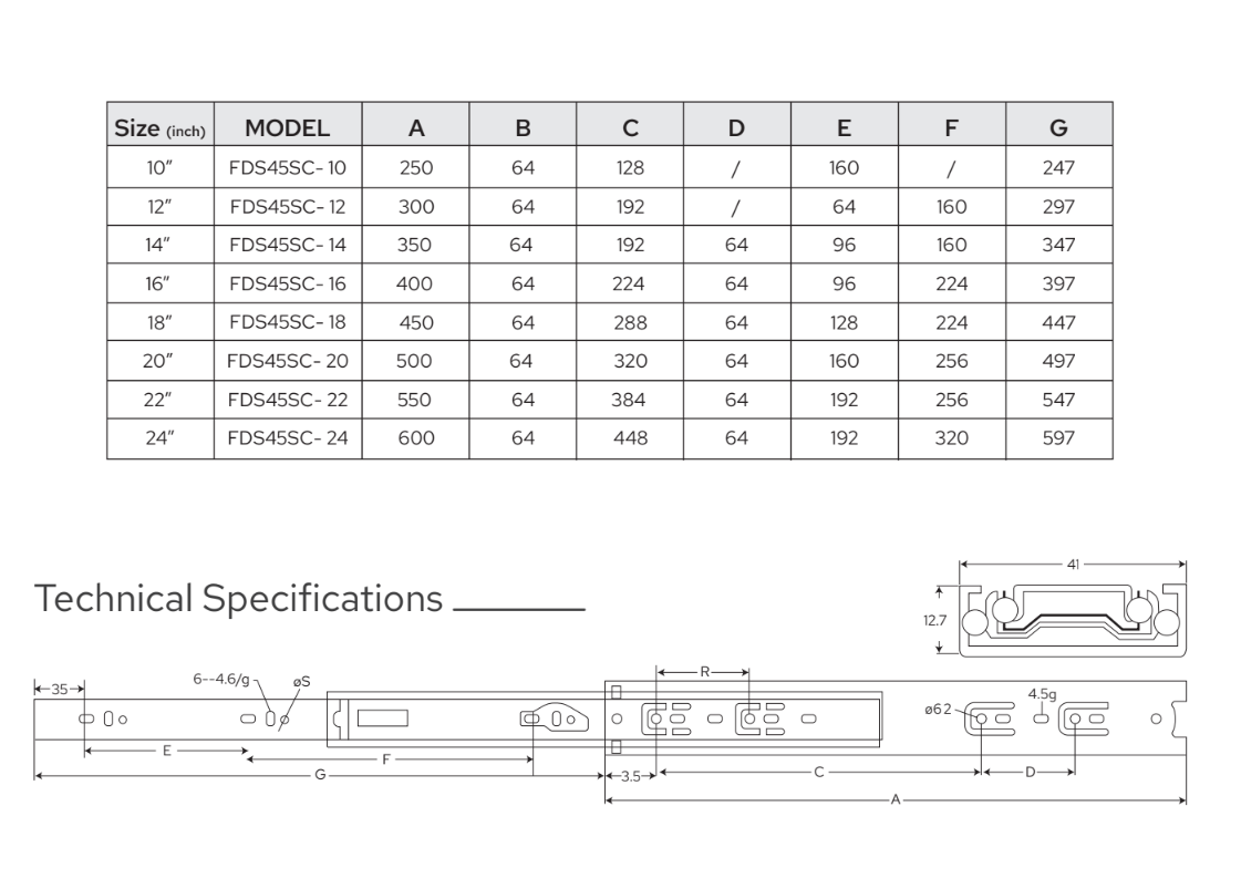 Technical Drawings - Key Features - Soft Close Prima Series Drawer Slide