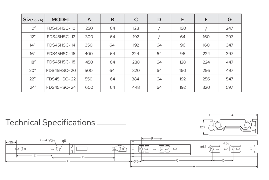 Technical Drawings - Key Features - Soft Close Endura Series Drawer Slide